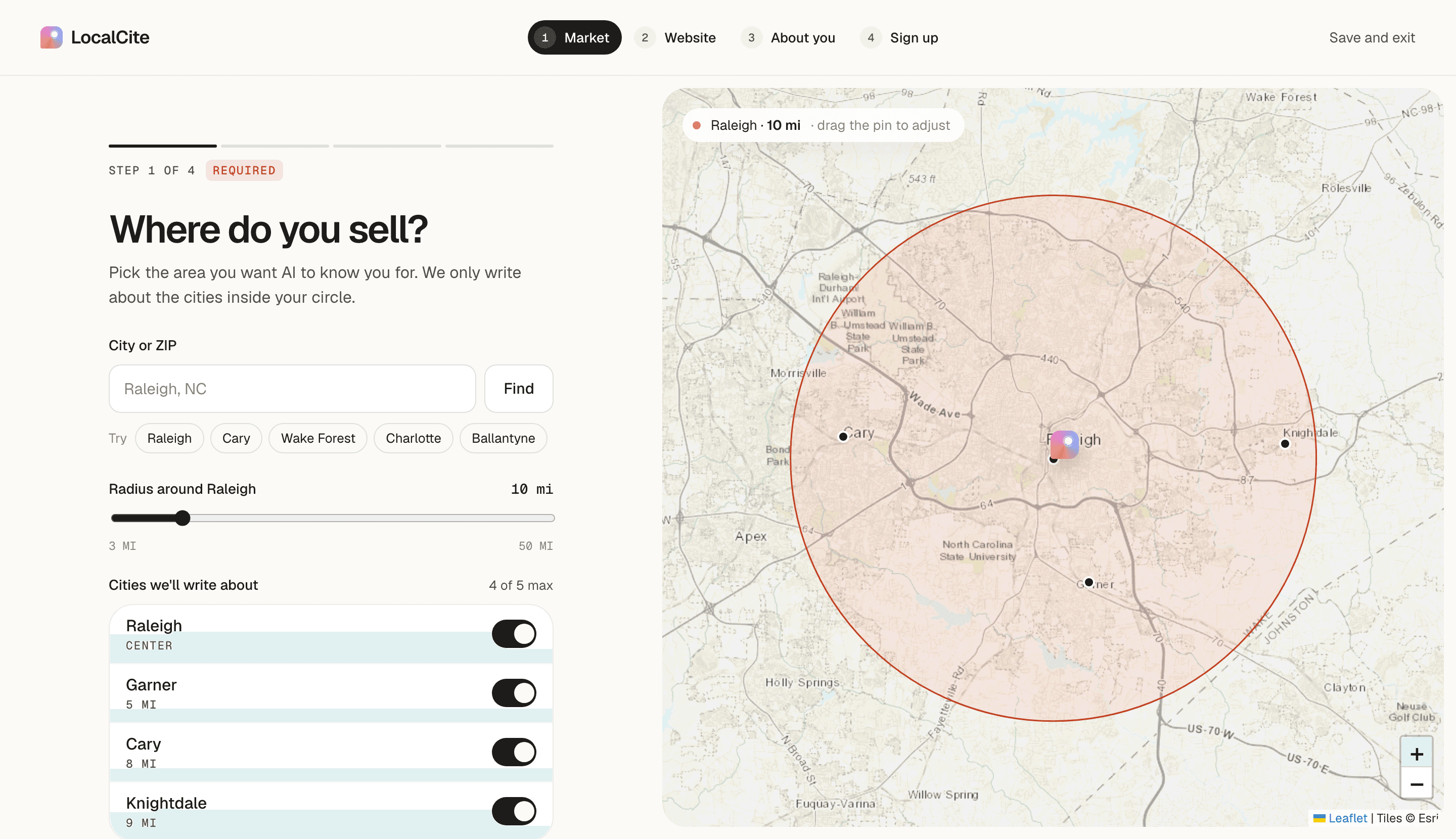 Draw a radius — LocalCite product screen
