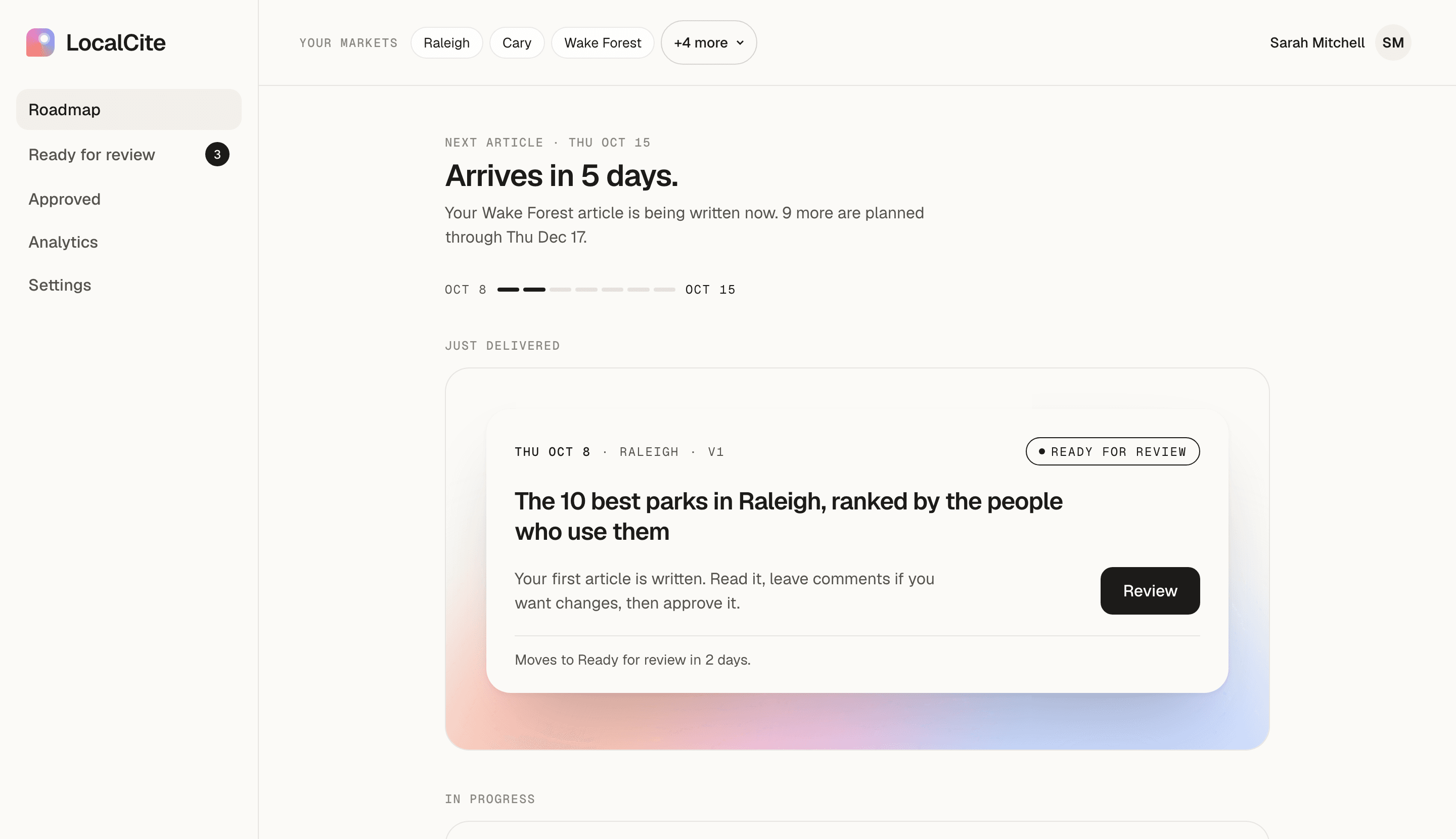 Organize roadmap — LocalCite product screen